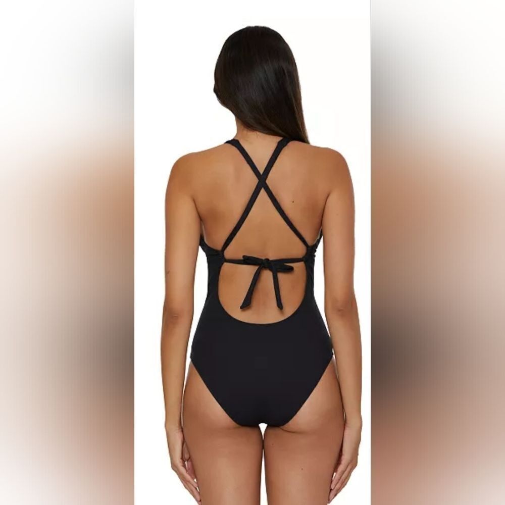 Becca Modern Edge Textured Plunging-Neck Swimsuit NWOT Size Small Black - Picture 2 of 5